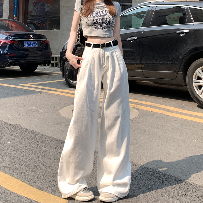 Guangzhou Supply American White Wide Leg Jeans Women's High Waist Slim Loose Pleated Lazy Drape Straight-Leg Pants