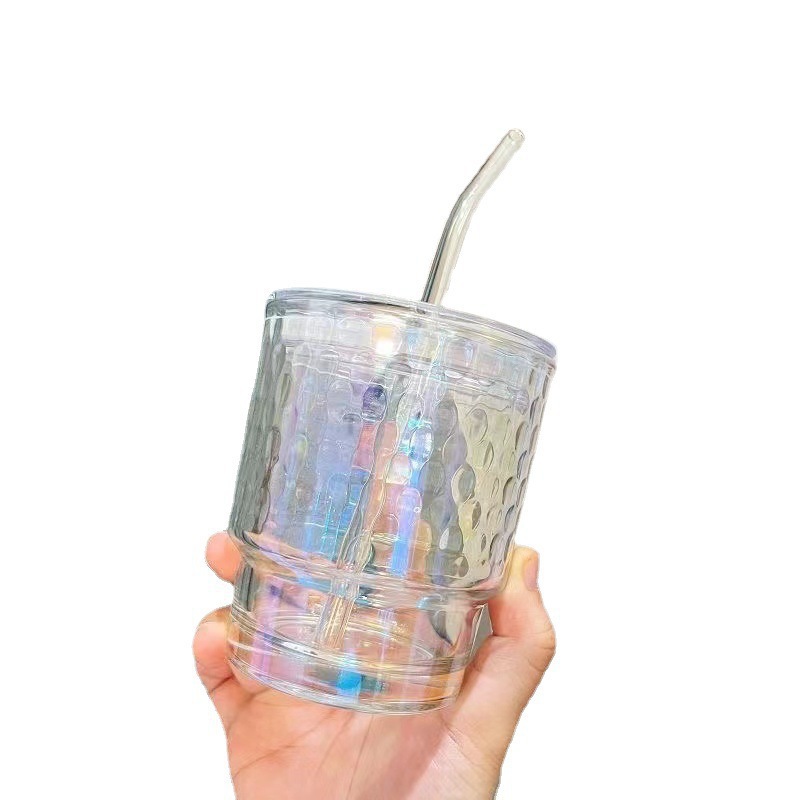 INS colorido taza de vidrio de bambú hembra de gran capacidad estudiante resistente al calor de alto aspecto con tapa hogar vidrio paja