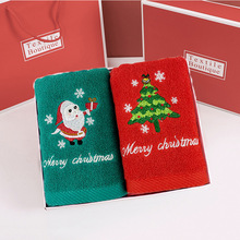 圣诞毛巾礼盒装纯棉红色绿色面巾刺绣圣诞老人外贸礼品新年毛巾