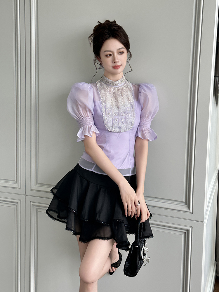 Áo kiểu tay phồng đính kim cương thắt eo thiết kế kiểu Pháp — Hoa violet