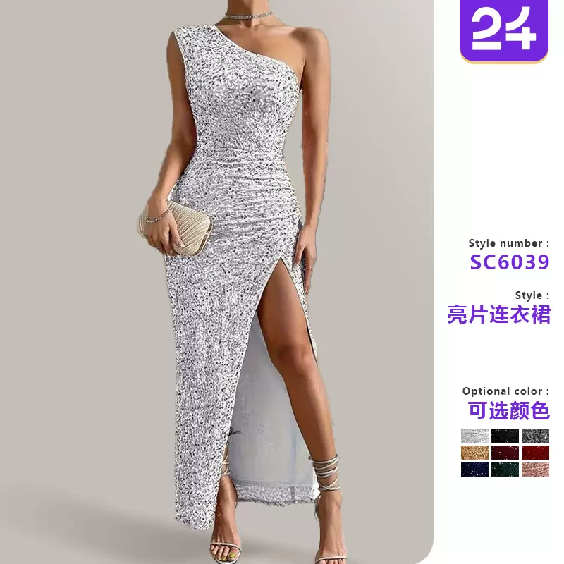 欧美风新款女装2025春季跨境时尚性感亮片单肩无袖开叉纯色连衣裙