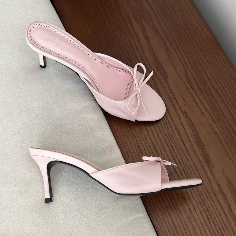 Bow Open Toe Thin Heel Mid Heel Slippers Outer Wear High Heel Women's Sandals Round Head Slippers Women Outer Wear 2025 New