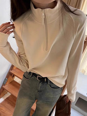 立领加绒卫衣女双面德绒打底衫2025新款秋冬设计感半拉链长袖上衣