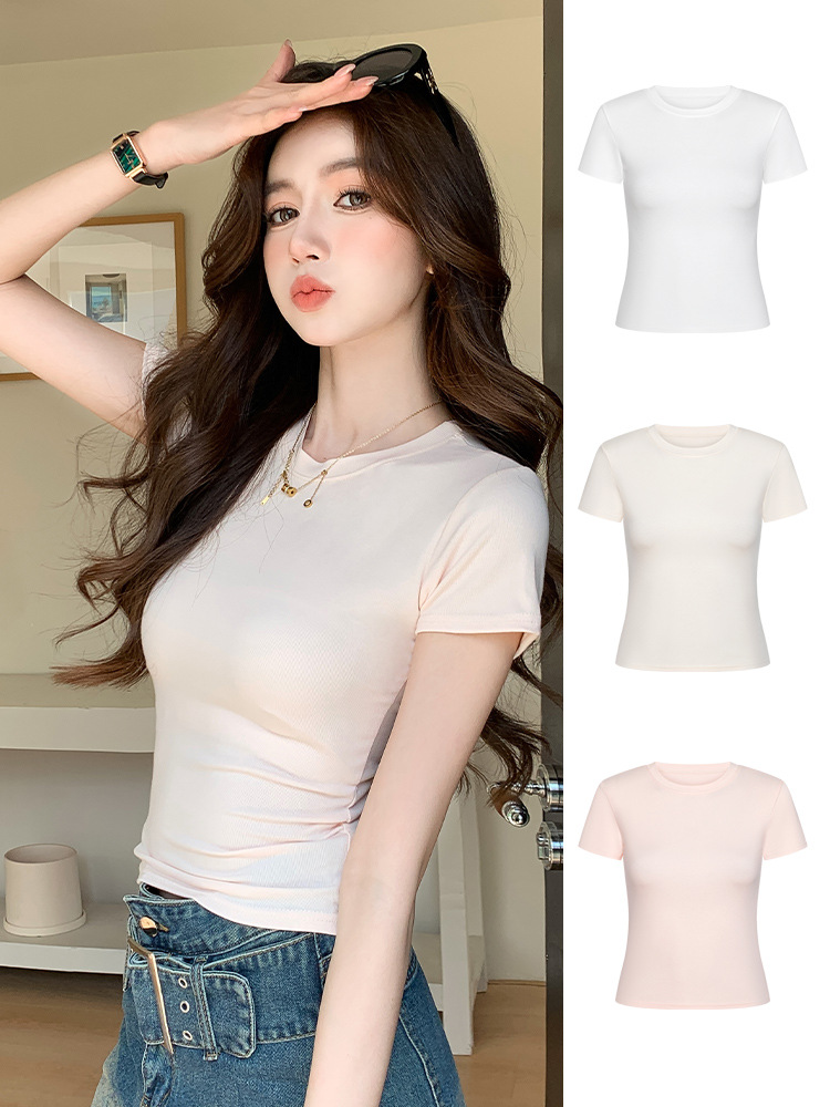H5 86修身半袖tシャツ白夏ギャル上着丸襟正肩女性フランス弾力が痩せている