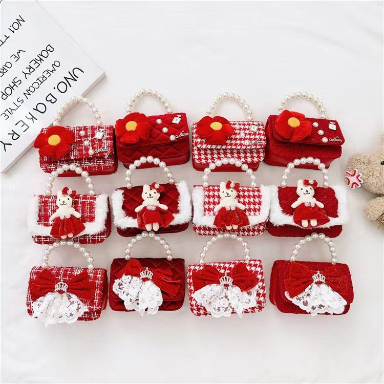 Año nuevo rojo Chanel estilo de los niños perla bolso del bebé lindo arco cadena niñas monedero