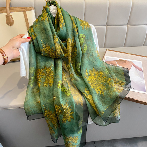 Silk scarf for women spring and autumn new style printed soft gauze extra large summer sun protection beach scarf women's gauze scarf shawl outer scarf