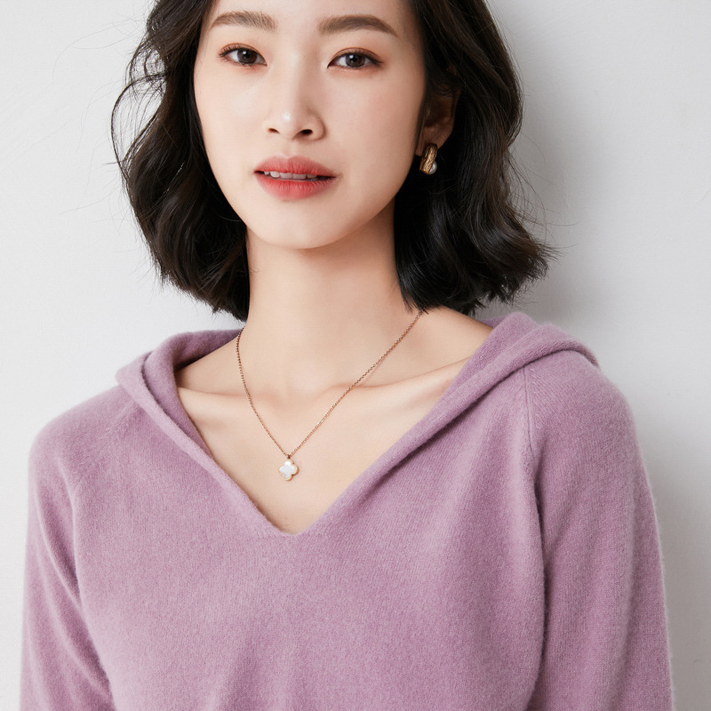 新款帽衫羊毛衣女V領2021春季針織連帽外套寬松休閑打底衛衣外穿