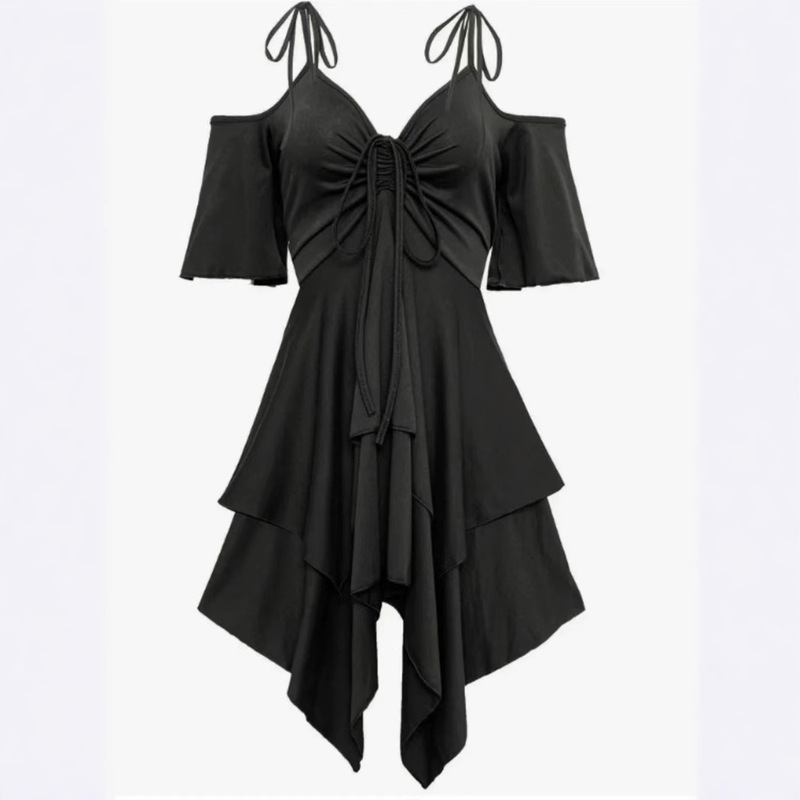 European and American Spring and Summer New plus size Women's Street Fashions V-Neck Cold Shoulder Short-Sleeved dress Casual plus size Lace-Up Dress
