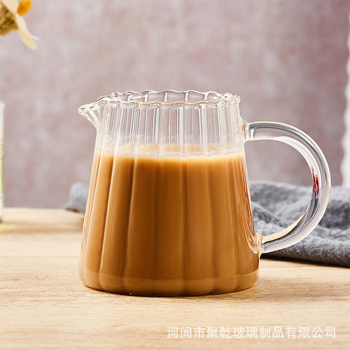 High Borosilicate Transparent Vertical Striped Small Milk Can Concentrated Coffee Milk Cup with Handle Milk Pitcher with Pointed Tip Glass Mini Milk Pitcher