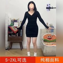 大码女装复古辣妹褶皱领连衣裙女秋冬胖修身显瘦性感包臀短裙