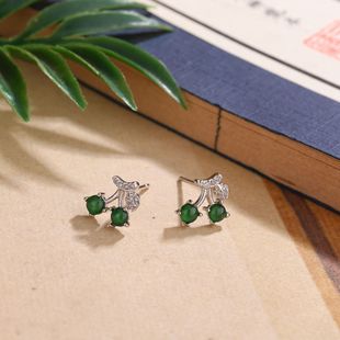 Micro-Inlaid Chalcedony Natural Jade Earrings, Bright Green Cherry National Trend Design, 925 Silver Inlaid Earrings
