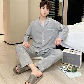 纯棉秋长袖睡衣男士开衫翻领韩版休闲高档全棉家居服男式套装