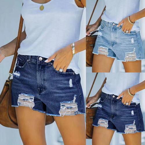 Factory High-Waisted Distressed Elastic Slim-Fit Chic Denim Shorts for Women
