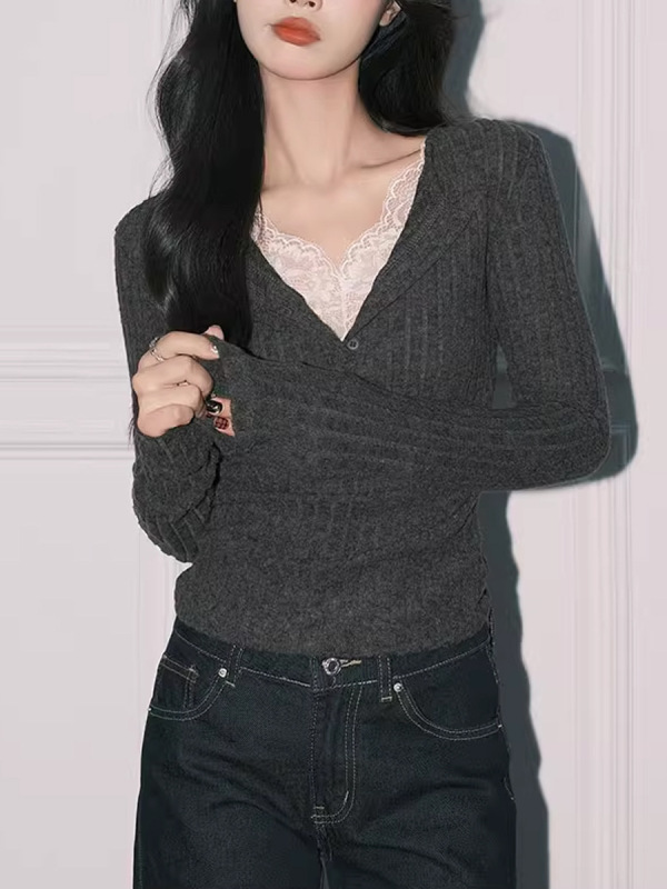 气质灰色蕾丝假两件V领针织小衫女纯欲修身长袖打底上衣|undefined