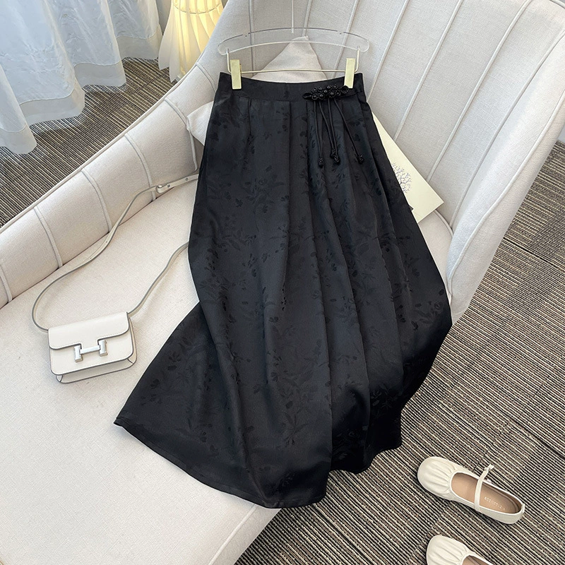 2025 новая весенне-летняя утягивающая юбка с высокой талией, новая легкая жаккардовая ацетатная юбка в национальном стиле в стиле шинуазри, черная юбка средней длины