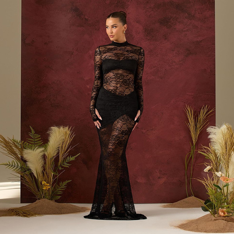 Ropa de mujer europea y americana transfronteriza 2025 primavera nuevo estilo chica caliente sexy transparente hueco largo delgado vestido de cadera image 7