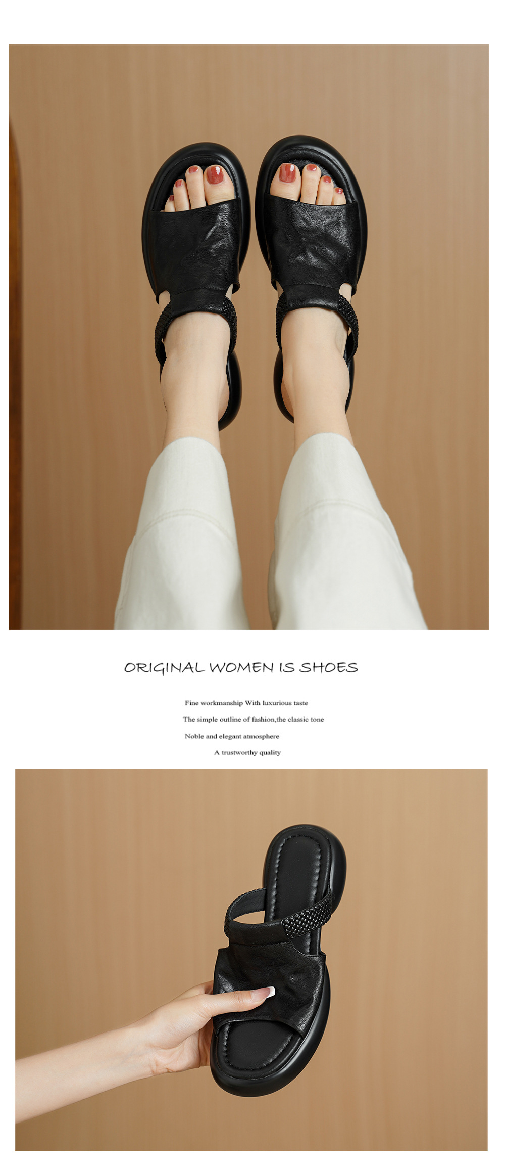 Sandal nữ đế bệt 4cm dáng xỏ ngón mùa hè đơn giản — đen chi tiết 8