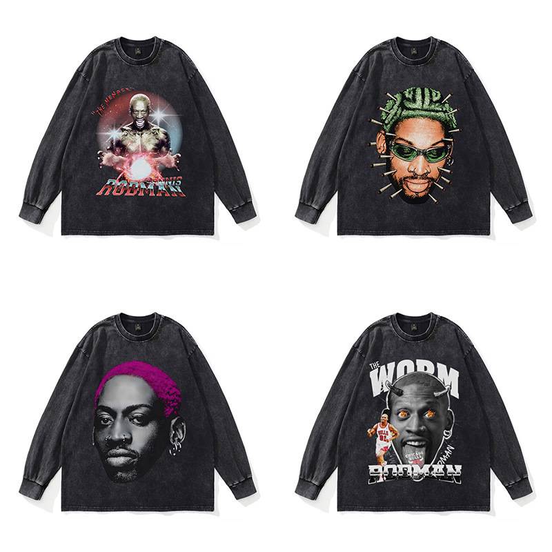 Star Dennis Rodman direct injection printed round neck pullover distressed Street retro loose cotton T-shirt