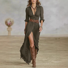 女装欧美2025新款法式复古V领束腰褶皱宽松开衩气质长袖连衣长裙