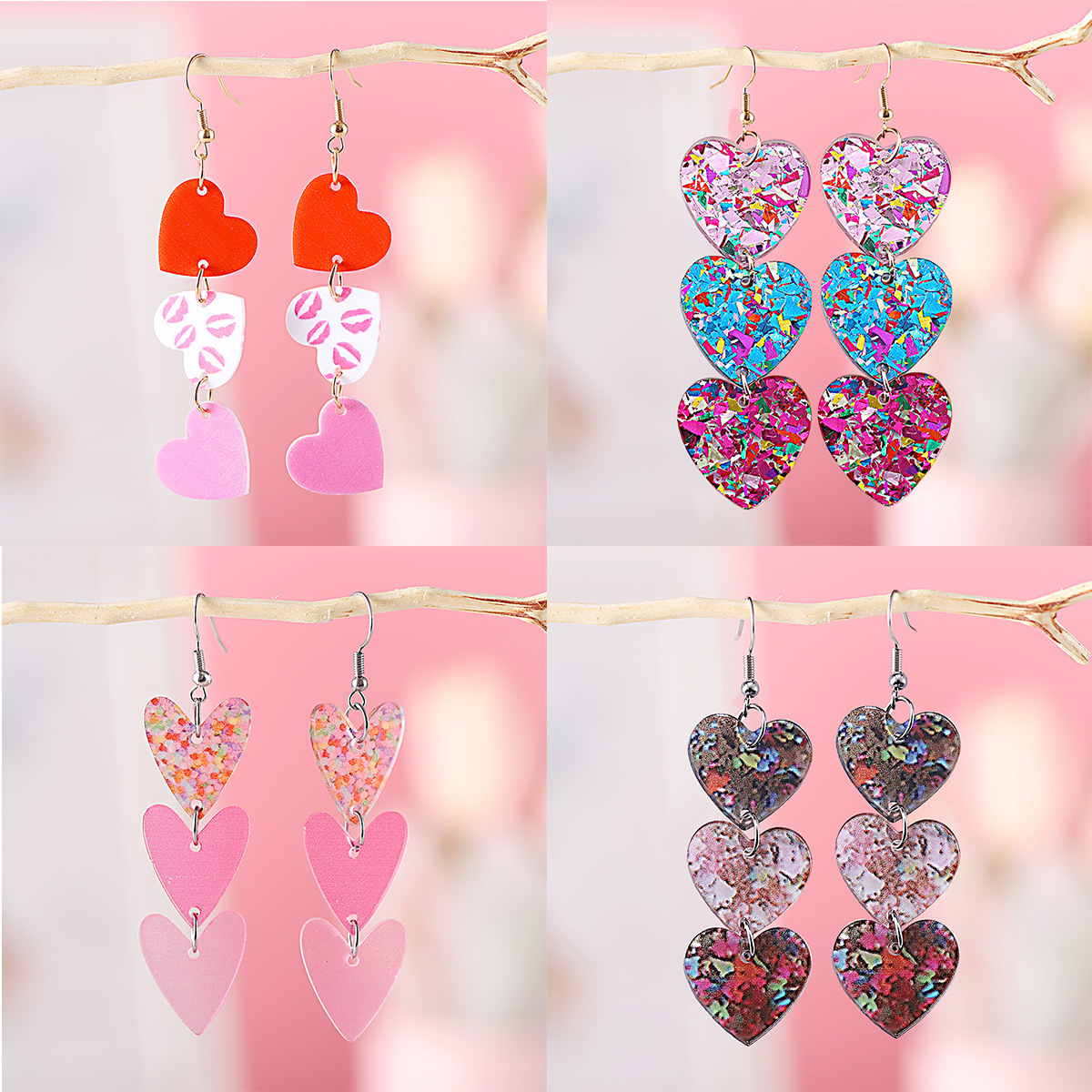 8g Weight 1 Pair Elegant Lady Romantic Heart Shape Arylic Drop Earrings