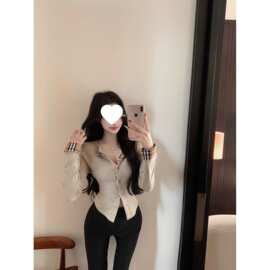 韩版时尚复古格纹拼接V领长袖针织开衫女秋冬修身打底内搭上衣女