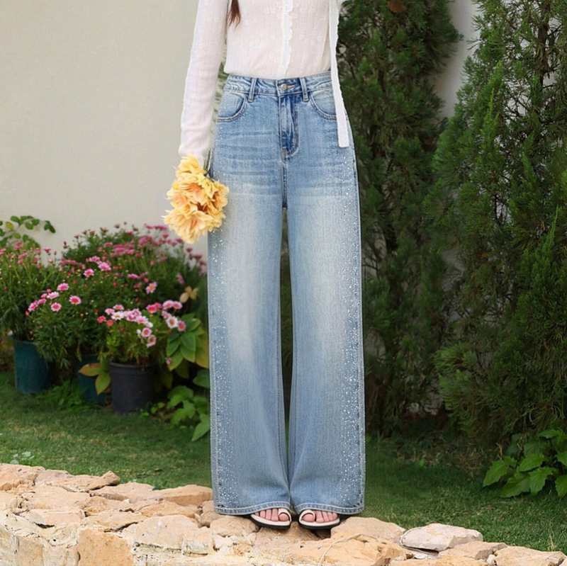 Li Girl's Thin Blue Straight-Leg Jeans with Rhinestones, Women's 2026 Summer New Wide-Leg Pants, Japanese and Korean Style Casual Pants Li Girl's Thin Blue Straight-Leg Jeans with Rhinestones, Women's 2026 Summer New Wide-Leg Pants, Japanese and Korean Style Casual Pants