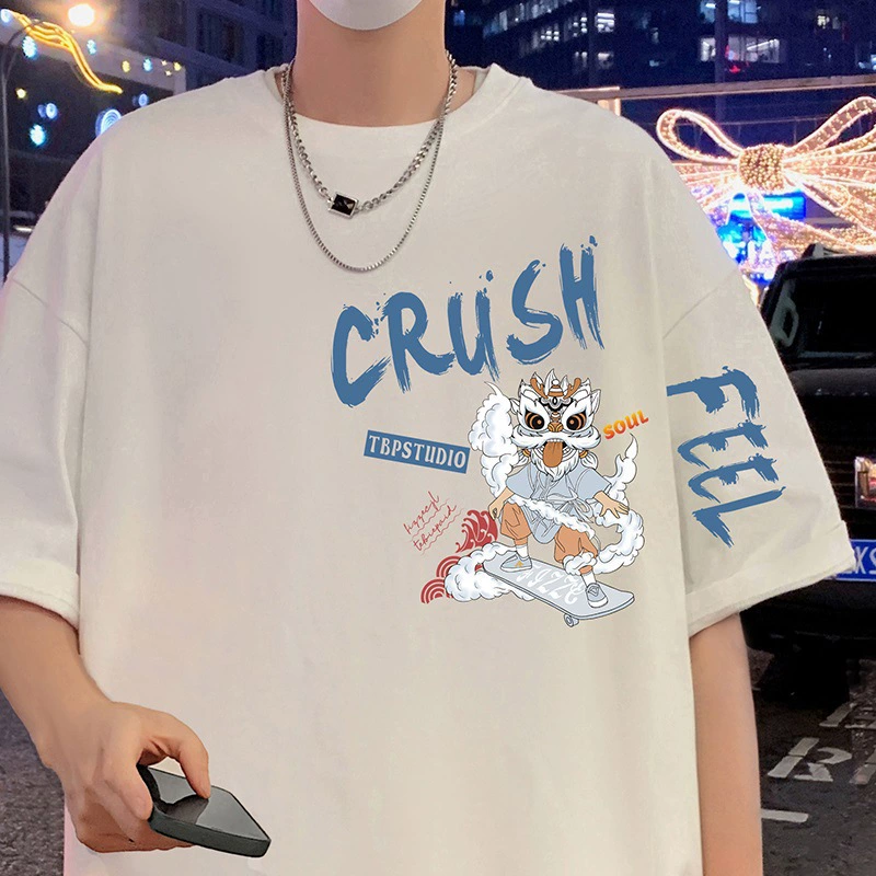 Свободная мужская футболка с короткими рукавами из чистого хлопка в национальном стиле в гонконгском стиле, лето 2024, новая модная брендовая молодежная футболка с половиной рукавов для мальчиков