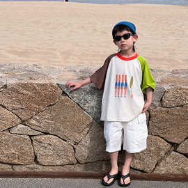 麦可希童装男童撞色短袖T恤2024夏季新品韩版儿童宽松半袖t恤批发