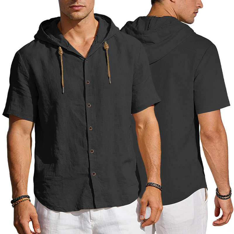 Camisa de lino con capucha para hombre, estilo europeo y americano, transfronteriza, de Amazon, con botones, fina, de verano, informal, de manga corta.