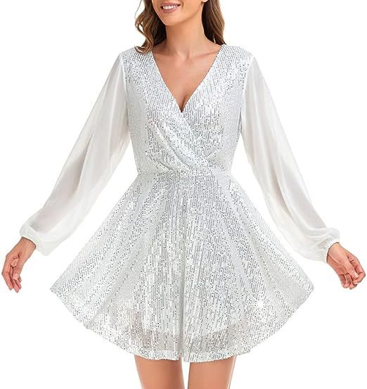 Transfronterizo nuevo europeo y americano de las mujeres lentejuelas vestido suelto de fiesta de manga larga casual suelta mini Vestido corto
