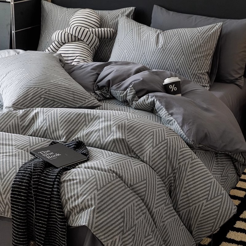 Set di biancheria da letto invernale per ragazzi, in puro cotone, stile nordico, minimalista e retrò, composto da quattro pezzi (100% cotone), per letto singolo._voghion.com