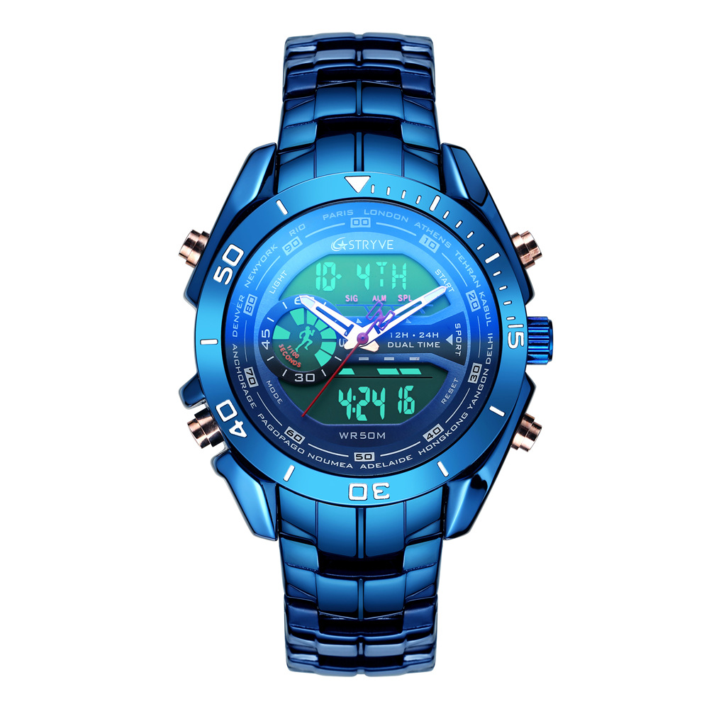 Reloj de acero inoxidable de moda para hombre STRYVE con reloj electrónico de doble pantalla reloj de cuarzo para hombre 8019