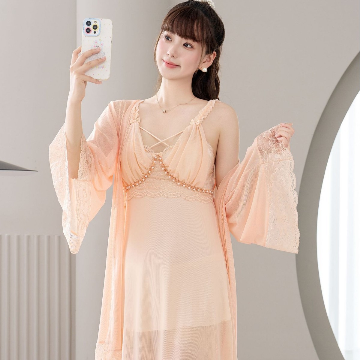 Palace Summer New Women's Mesh Pearl Suspender Nightgown Two-Piece Set Sweet Princess Fairy Style Casual and Breathable