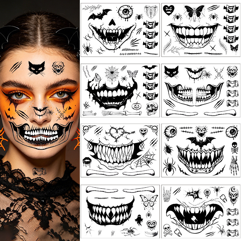 Wholesale New Halloween Big Mouth Tattoo Stickers, Realistic Party Makeup, Lifelike Scary Mouth and Face Tattoo Stickers in Stock