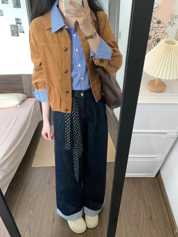 初秋穿搭一整套大码胖衬衫叠穿外套阔腿牛仔裤设计感复古套装女|undefined