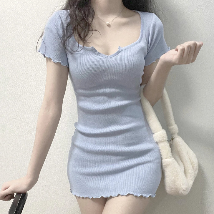 辣妹纯欲风ins木耳边V领短袖连衣裙女夏季性感收腰显瘦包臀短裙女
