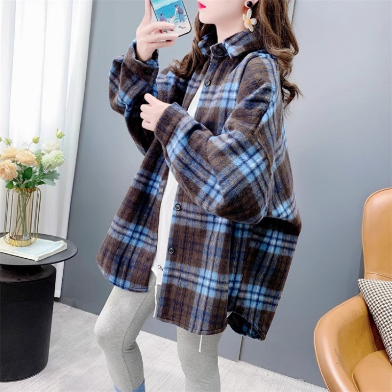 Sanding Thickened Plaid Shirt Jacket Women's Autumn and Winter New plus size Women's Korean Loose Retro Woolen Top