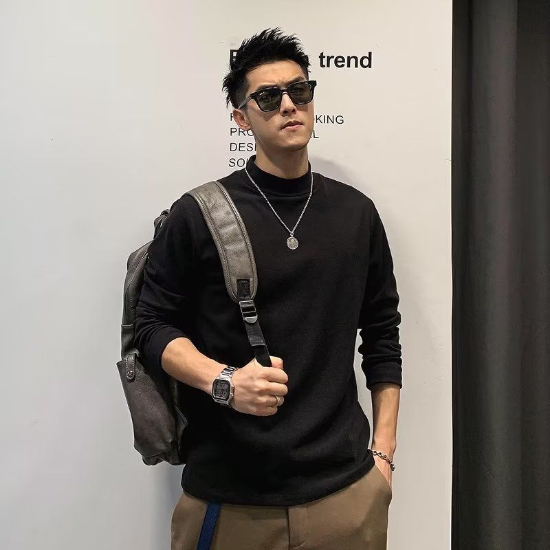 남자 벨벳 긴팔 티셔츠 가을과 겨울 반 터틀넥 따뜻한 바닥 셔츠 최고 고급 슬림 핏 이너 티셔츠