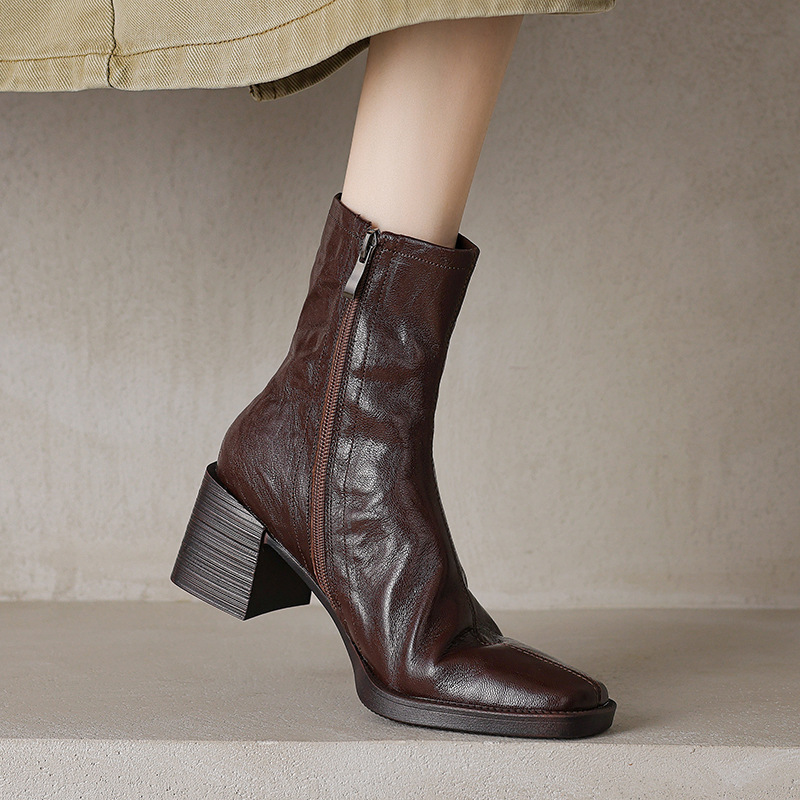 Sheepskin Square Top High Heel Side Zipper Short Boots Women's 2024 Autumn and Winter New Thick Heel Thin Boots Retro Simple Fashion Boots