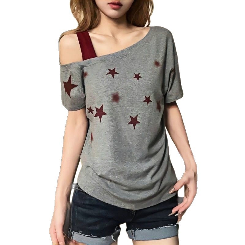アメリカンスタープリント斜め肩サスペンダー半袖Tシャツレディース夏ニッチホットガールスタイルシックなデザイントップス新しいスタイル|undefined