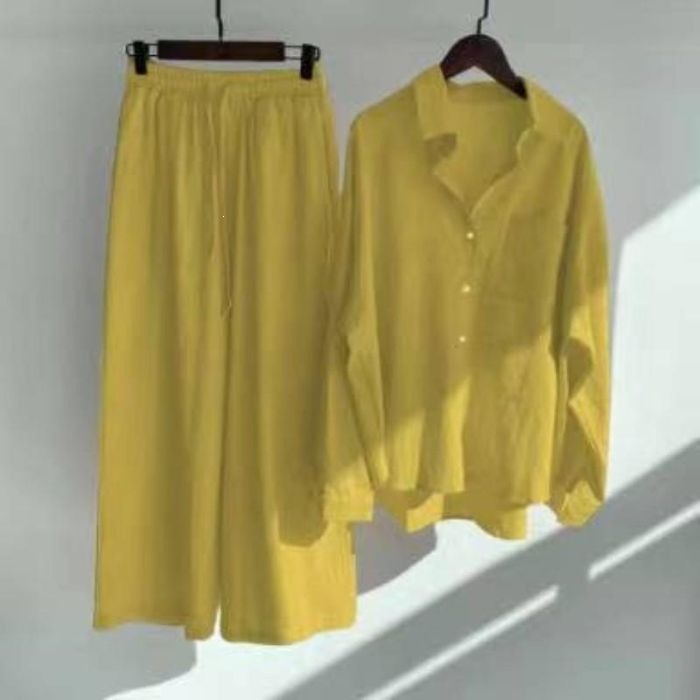 Women's Clothing Women's Retro Plus Size Cotton Linen Shirt Set High Waisted Loose Fitting Trousers Two Piece Set 20 Colors_ecoleips.com