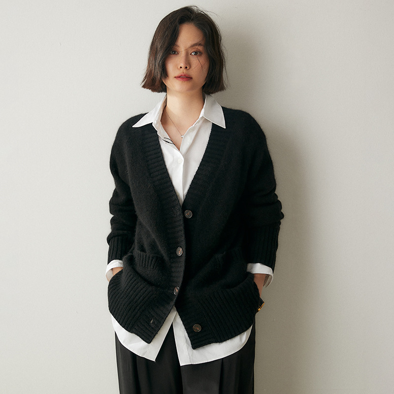 羊绒开衫女100%纯山羊绒中长款三股加厚宽松大码百搭针织外套毛衣|undefined