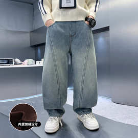 男童冬季加绒牛仔裤2025新款儿童运动休闲加厚保暖时尚贴标长裤子