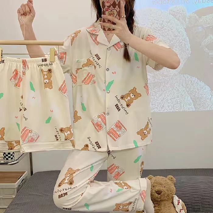 Pajamas Women's 2025 New Summer Short-sleeved Shorts Trousers Three-piece Summer Home Clothes suit Women's Outwear