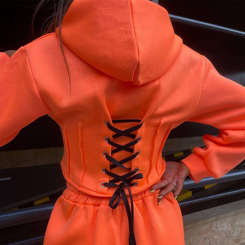 Casual Hooded high waist long sleeve solid color Sweatshirt and Trousers Two-piece Set NSONF139709