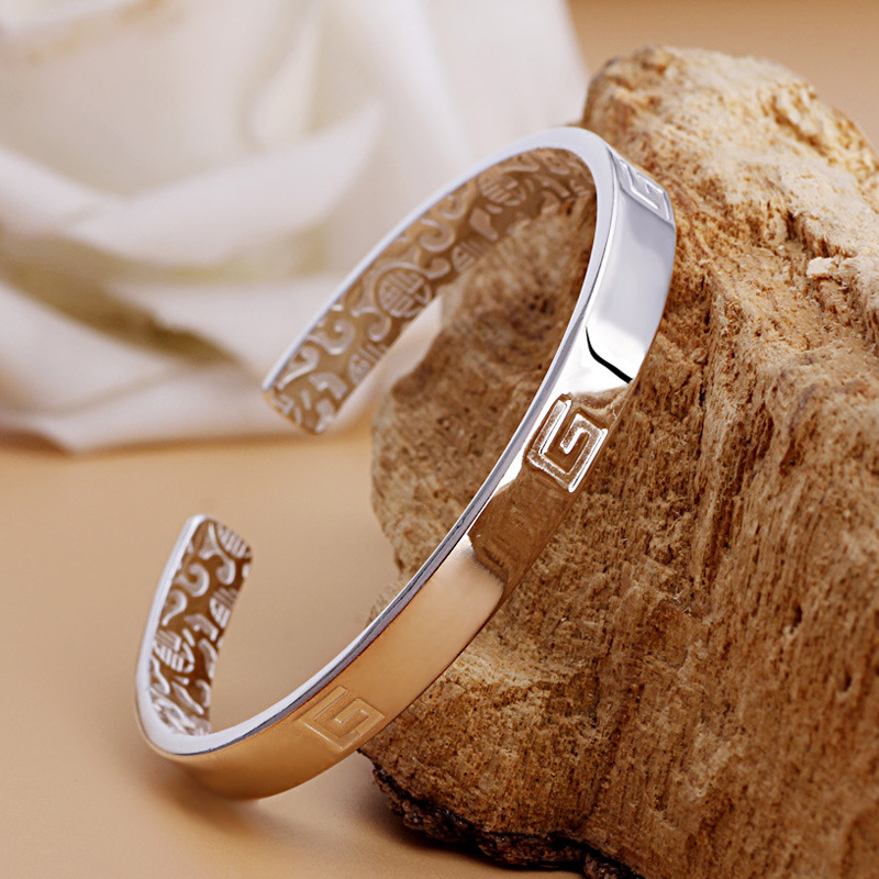 Pulsera de plata esterlina retro 990 plata pura pulsera de plata sólida abierta para personas de mediana edad regalo del Día DE LA Madre