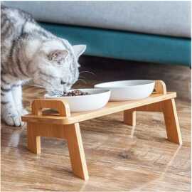 猫碗实木陶瓷双碗斜口宠物碗保护颈椎猫食盆猫咪粮碗狗盆饮水狗碗