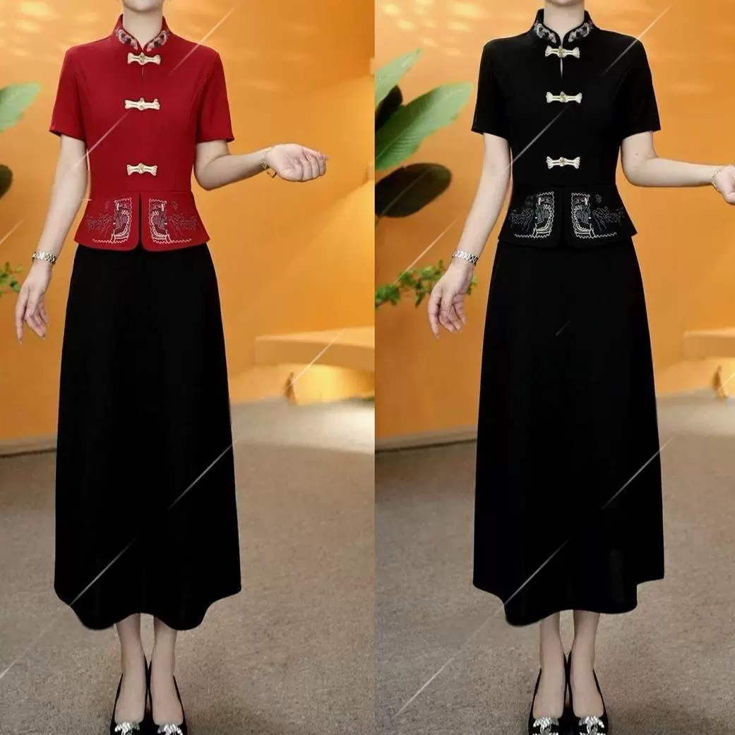 Высококачественное летнее популярное платье для мам среднего возраста, новая модная утягивающая юбка из двух частей с короткими рукавами и вышивкой на пуговицах.