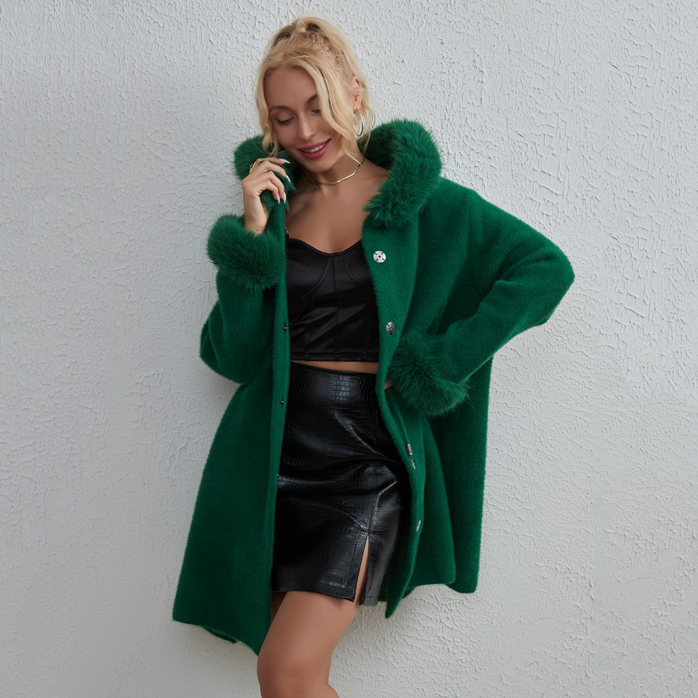European and American Clothing New Aliexpress Amazon Hot Selling Solid Color Loose Fashion Fur Collar Sweater Imitation Mink Jacket