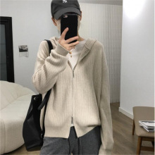 欧美连帽针织开衫女2024秋冬新款设计感小众拉链上衣宽松毛衣外套